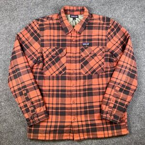 Patagonia Insulated Fjord Flannel Shirt Jacket Mens L Orange Plaid Shacket 20385
